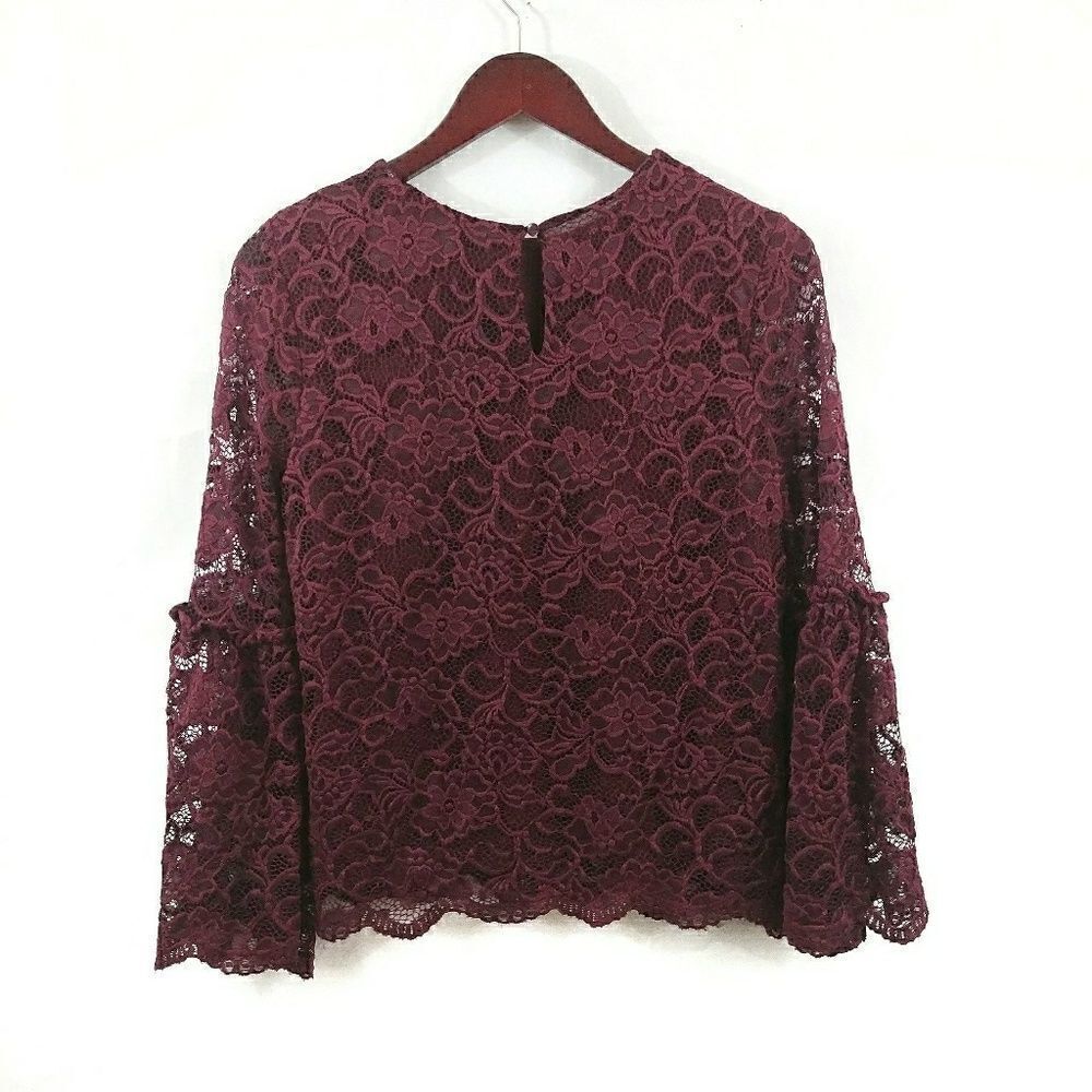 Lace Bell Sleeve Top Size Small Burgundy Womens Boho Holiday - Picture 2 of 5